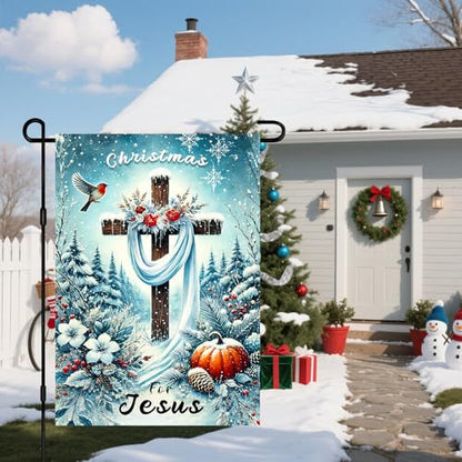 IVN Christmas For Jesus Garden Flag 12x18 Inch Double Sided - color: Snowy Cross Jesus
