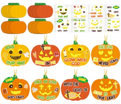 32 Pcs Pumpkin Halloween Fall Crafts for Kids DIY Jesus Cross Hanging Ornaments Decorations Pumpkin Stickers Kit with Ribbons for Thanksgiving Religious Christian Party Favors Sunday School Activities