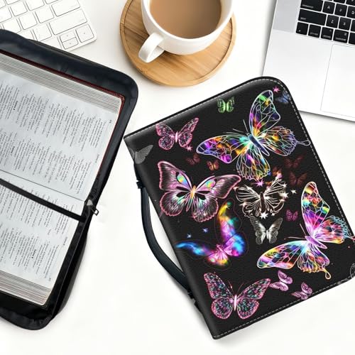 Bible Cover for Women Large PU Leather Zippered Bible Case with Handle and Glowing Purple Butterfly Design, Christian Bible Cover for Girls & Women, Cover Fits Standard 9.5"x7.5"x2.3" Bible - color: Glowing Purple Butterfly