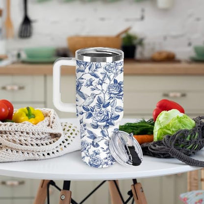 Christian Gifts for Women 40oz Tumbler - Insulated Travel Mug with Handle (Blue Floral1, 40 Ounces) - color: Blue Floral1
