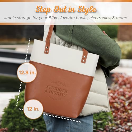 Christian Art Gifts Felt and Faux Leather Fashion Bible Cover Tote Bag for Women: Strength and Dignity - Proverbs 31:25 Bible Verse, Inspirational Durable Two-tone Tote Bag for Books and Supplies - color: Creamy Toffee/Strength & Dignity