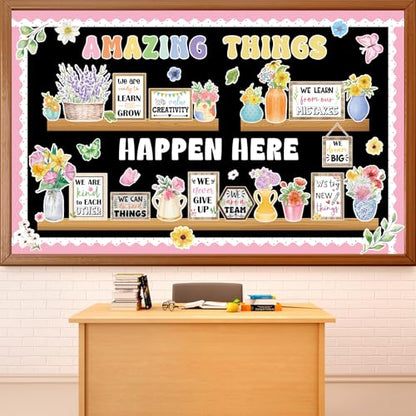 74pcs Back to School Bookshelf Bulletin Board Decorations Amazing Things Happen Here Paper Cutouts Floral Cards Motivational Cutout Classroom Decor for Classroom School Offices Chalkboard Wall Decor - style: Spring Floral