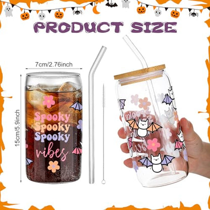 SiliFine 6 Pcs Halloween Glass Cups, 16 oz with Lids and Straws - style: Ghost