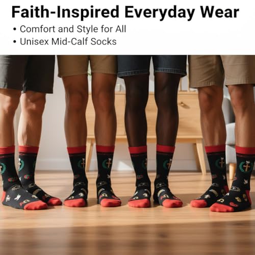 shiningsoul 4-Pack Christian Mid-Calf Socks for Men & Women, Religious Socks with Cross, Dove, Fish Symbol Design, 2 Pack White & 2 Pack Black