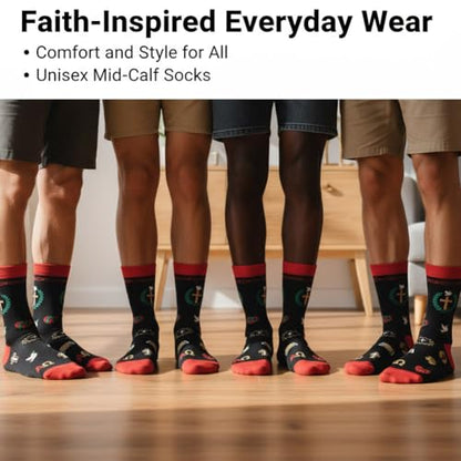 shiningsoul 4-Pack Christian Mid-Calf Socks for Men & Women, Religious Socks with Cross, Dove, Fish Symbol Design, 2 Pack White & 2 Pack Black