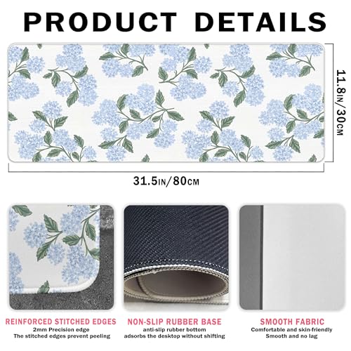 UTELKA Blue Desk Mat, Flroal Desk Matt for Desktop Mouse Pad 31.5x11.8 - color: Blue Hydrangea Large, size: 31.5L x 11.8W inches