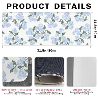UTELKA Blue Desk Mat, Flroal Desk Matt for Desktop Mouse Pad 31.5x11.8 - color: Blue Hydrangea Large, size: 31.5L x 11.8W inches