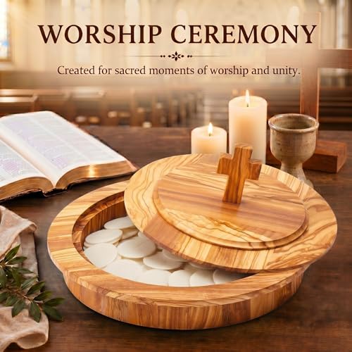 Zhehao 1 Pcs Wood Communion Bread Plate for Church Holy Communion Wafer Tray with Lid Elegant Worship Serving Plate for Church Service Ceremony (Olivewood Style) - style: Olivewood Style