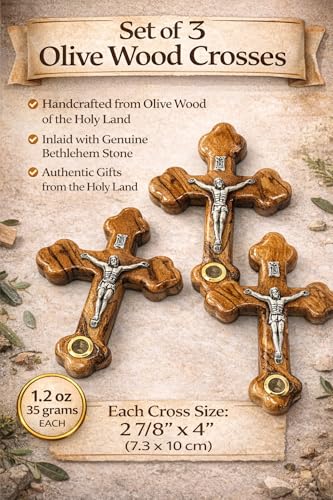 Zuluf Small Olive Wood Crucifix Wall Cross Set of 3 with Holy Land Stone, Handmade Christian Crucifix Cross Wall Decor - 4 Inch Each Jerusalem Catholic Christian Gift for Prayer Home Church