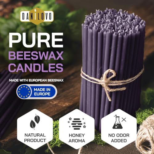 Danilovo Thin Taper Beeswax Candles - Honey-Scented, Decorative Candles Ideal for Birthday Decoration or Church Prayers - Purple Drip Free, Tall & Smokeless Pack of 50 pcs, 7.3 x 0.24 inch - color: Purple