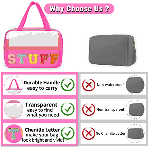 Chenille Letter Clear Makeup Bags Stuff Tote, Preppy Patch Makeup Bag Zipper with Handle, Waterproof PVC & Nylon Portable Glitter Large Cosmetic Travel Toiletry Storage for Women Girls(STUFF-Rose) - color: STUFF-Rose