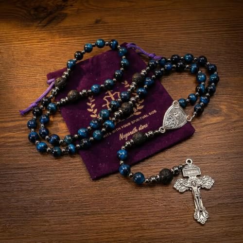 Nazareth Store Blue Tiger Eye Rosary Beads, Handmade Catholic Rosary Necklace with Lava Stone Beads and Our Father Crucifix, Five Decade Prayer Rosary, Religious Gift - style: Our Father