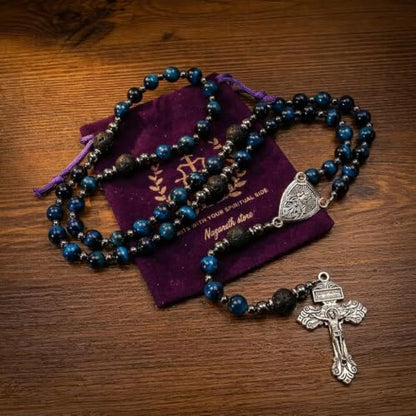 Nazareth Store Blue Tiger Eye Rosary Beads, Handmade Catholic Rosary Necklace with Lava Stone Beads and Our Father Crucifix, Five Decade Prayer Rosary, Religious Gift - style: Our Father