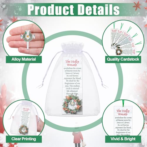 Supervitae 12 Set Holly Wreath Cross Pins Christian Christmas Gift Bulk - style: the Holly Wreath