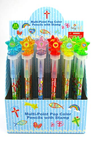 TINYMILLS 24 Pcs Religious Christian 2 in 1 Stackable Stacking Crayon with Extra Stamper Topper, Sunday School Classroom Rewards, Prizes, Christian Toys Sunday School Rewards