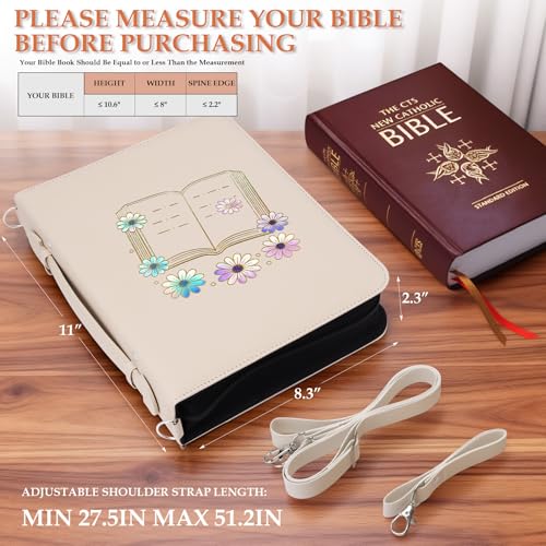 AKONEGE White Bible Cover with Handle & Shoulder Strap for Women Girls - color: White