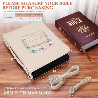AKONEGE White Bible Cover with Handle & Shoulder Strap for Women Girls - color: White