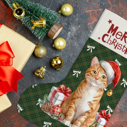 Orange Tabby Cat Green Plaid Christmas Stockings 16 Inch - color: Christmas13