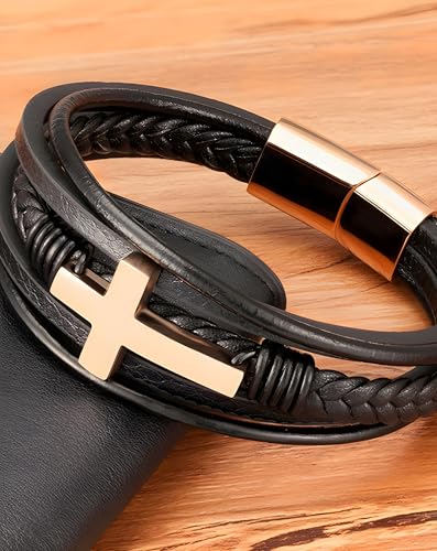 Cross Leather Bracelet for Men, Multi-Layer Braided Mens Religious Cuff Bracelets with Stainless Steel Clasp Anniversary Father's Day Birthday Christmas Jewelry Gifts for Him - color: Rose Gold Clasp & Black Leather