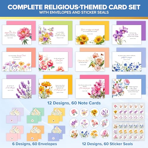 Decorably 60 Pack 6x4in Religious Floral Christian Blank Note Cards
