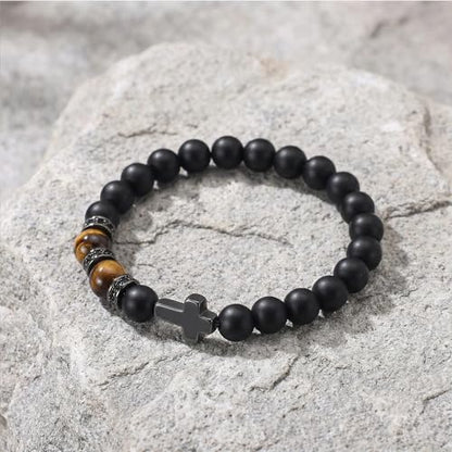 QWNHONEY Cross Bracelet for Men Son Brother Baptism Communion Birthday Anniversary Christmas Christian Black Tiger Eyes Bead - style: Every day God thinks of you