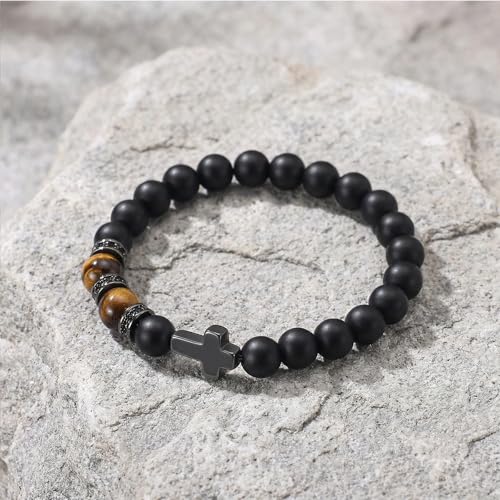 QWNHONEY Cross Bracelet for Men Son Brother Baptism Communion Birthday Anniversary Christmas Christian Black Tiger Eyes Bead - style: I am with you always