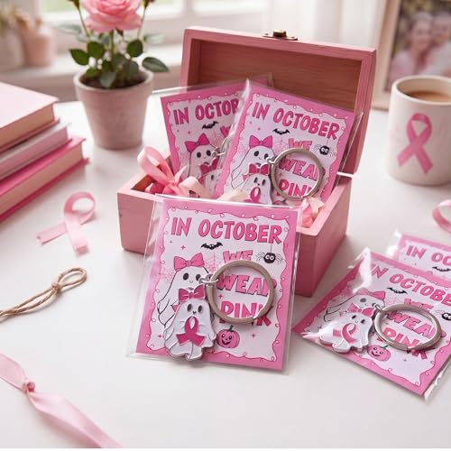 Yinkin 24 Sets Breast Cancer Awareness Keychians with Cards Bulk Pink Ribbon Halloween Ghost Bow Keychains Accessories for Women Survivor Public School Charity Events Gift Supplies - style: Pink Ghost