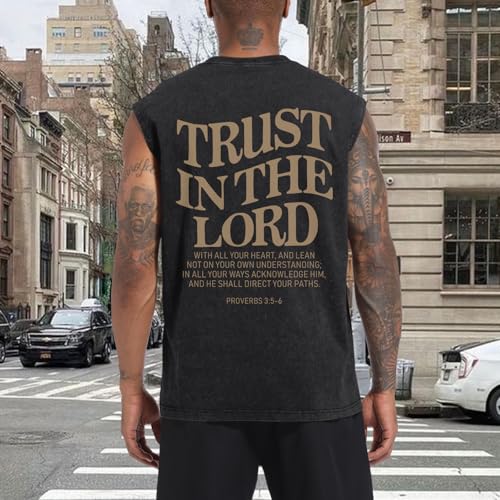 Mens Christian Tank Tops Trust in The Lord God Jesus Religious Faith Bible Verse Shirts Graphic Acid Wash Gym Tees - color: Black, size: Medium