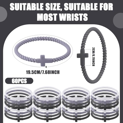Soaoo 24/60 Pcs Jesus Bracelets Cross Silicone Bracelet Braided Stackable Rubber Wristband Silicone Jewelry Gift for Women Men - color: Grey, size: Cross