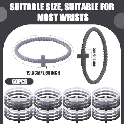 Soaoo 24/60 Pcs Jesus Bracelets Cross Silicone Bracelet Braided Stackable Rubber Wristband Silicone Jewelry Gift for Women Men - color: Grey, size: Cross