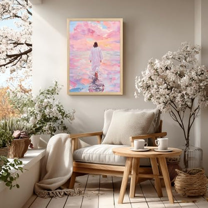 FASWQ Wood Framed Pink Jesus Walking on Water Wall Art 12x16 in - color: JesusBack(Wood), size: 16"L x 12"W