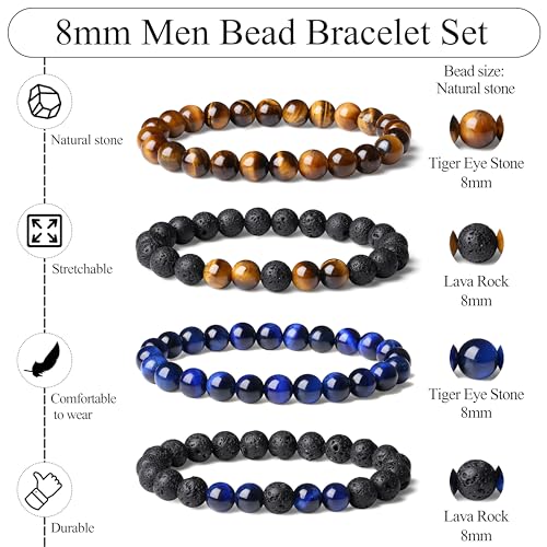 Mens Beaded Bracelets, 8MM Beaded Bracelets for Men, Natural Tiger Eye Bead Bracelet, Stretch Elastic Beads Bracelets for Men - color: 4 yellow volcanic blue tiger eye