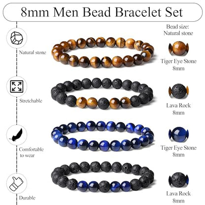 Mens Beaded Bracelets, 8MM Beaded Bracelets for Men, Natural Tiger Eye Bead Bracelet, Stretch Elastic Beads Bracelets for Men - color: 4 yellow volcanic blue tiger eye
