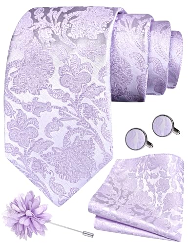 GUSLESON Paisley Tie Set for Men 3.15" Necktie Lapel Pin Hankerchief Cufflinks Set for Men - color: Light Purple