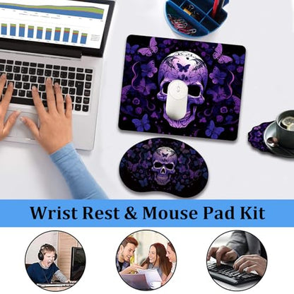 Mouse Pad 9.4"x7.9" + Wrist Support Pad + Embroidered Cup Pad Non-Slip Set, Ergonomic Mouse Wrist Support Pad, Suitable for Office/Gaming/Home Use, Skull Butterfly - color: Skull Butterfly