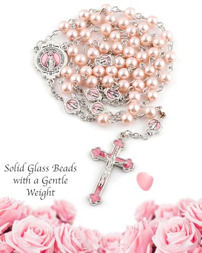 Catholic Rosary Necklace, Solid Glass Beads, Prayer Guide Included, Faith Gift for Women - color: Pink