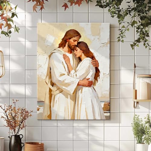Vintage Jesus Embracing Woman Canvas Wall Art,Woman Lying Safely In The Arms Of Jesus Wall Decor,Christian Texture Painting Print Poster Decor for Bedroom Church Living Room 12 x 16 Inch Framed - color: Embrace -3, size: 12"L x 16"W