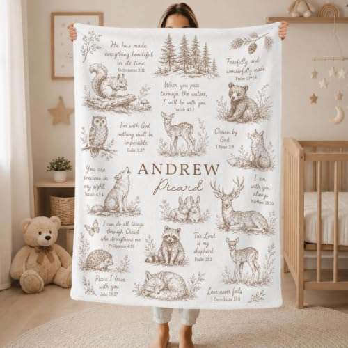 Personalized Christian Baby Blanket, Bible Verse Infant Throw, Woodland Nursery Blanket, Baptism Gift for Child - color: Forest Blanket #7