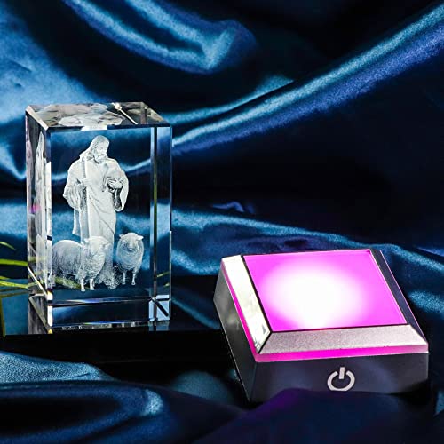 YWHL 3D Crystal Good Shepherd Statue with Colorful Base Laser Engraved Jesus Figurine for Religious Gifts for Women Men on Christmas, Christian Catholic Church Keepsakes - color: The Good Shepherd Jesus and the Lamb