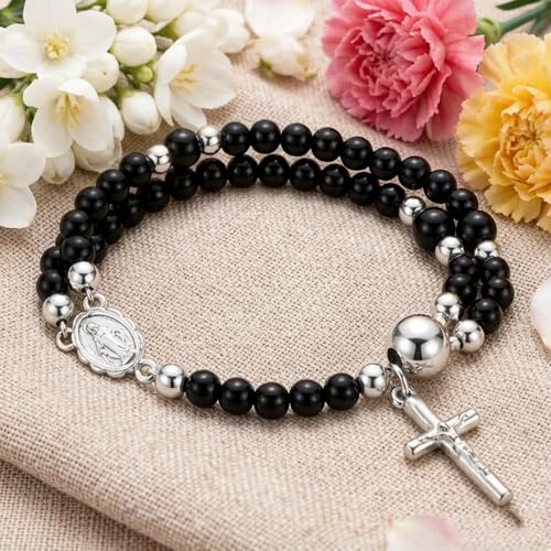 Cross Rosary Bracelet for Women Handcrafted Crystal Virgin Mary Cross Beaded Bracelets Christian Faith Link Bracelets Crucifix Religious Christian Faith Jewelry - color: Black