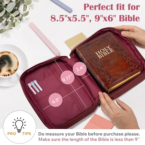 Small Bible Cover Case for Women and Men, 9x6 PU Leather Bible Sleeve, Compact Travel Bible Carrier Bag with Front Pen Holders, Zipper Closure, Inner Pockets - Burgundy Red - color: Burgundy Red, size: 9''x6.5''