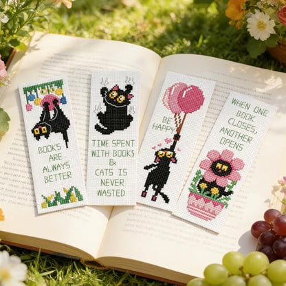 ORIGACH 6 Pcs Black Cat & Quote Cross Stitch Bookmark Kit for Beginners - style: Black Cats & Quotes