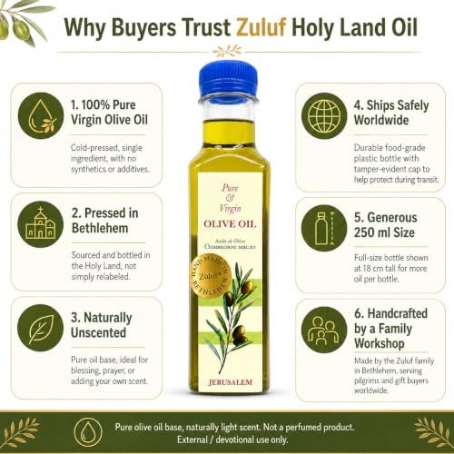 Zuluf Holy Land Olive Oil Pure Anointing Oil from Jerusalem Bethlehem Blessed Christian Prayer for Baptism Christening Godparent Faith Gift Unscented Olive Base 8.5 Fl Oz Single Bottle