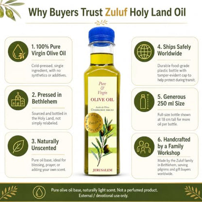 Zuluf Holy Land Olive Oil Pure Anointing Oil from Jerusalem Bethlehem Blessed Christian Prayer for Baptism Christening Godparent Faith Gift Unscented Olive Base 8.5 Fl Oz Single Bottle