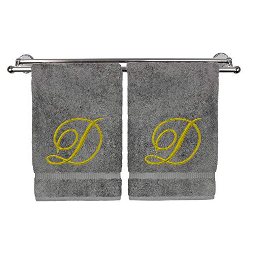 Monogrammed Hand Towel, Personalized Gift, 16 x 30 Inches - Set of 2 - Gold Embroidered Towel - Extra Absorbent 100% Turkish Cotton - Soft Terry Finish - for Bathroom, Kitchen and Spa - Script D Gray - color: Gold on Gray, style: Initial D