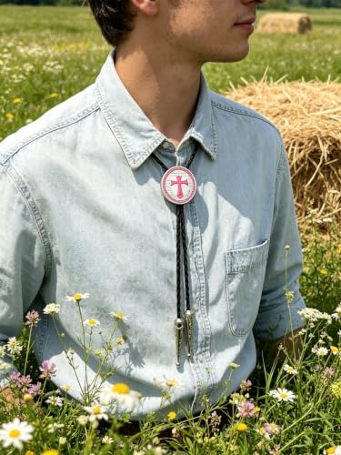 Fashionable Cross Bolo Tie Multi-Color Cross Shield Necktie - color: Pink