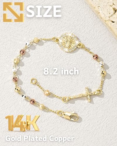 J&H DiaJuvelo Catholic Rosary Bracelet for Women 14K Gold Virgin Mary Rosarios Jesus Cross Charm Link Chain Virgen de Guadalupe Religious Jewelry Gifts for Confirmation Baptism First Communion - style: Gold Rosary E