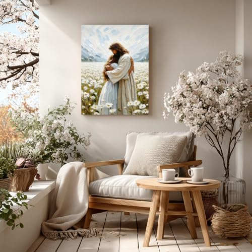 FASWQ Wrapped Canvas Jesus Hugging Girl Christian Wall Art 20x30 in - color: JesusWoman, size: 30"L x 20"W