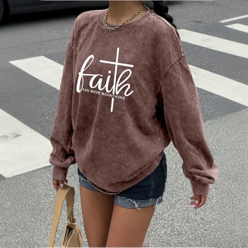 Christian Shirts for Women Faith Can Move Mountains Acid Wash Shirt Jesus Religious Bible Verse Long Sleeve Top - color: Coffee, size: Medium