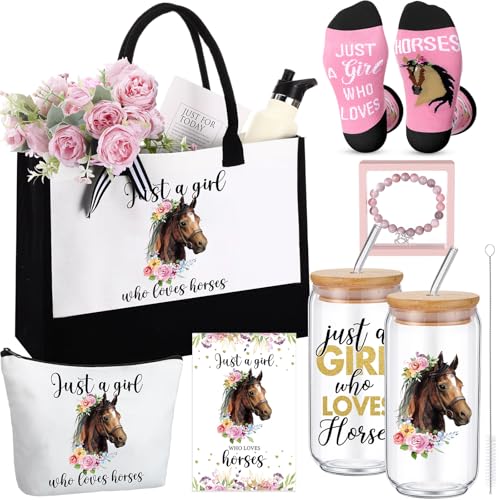 Pickmesh 7 Pack Horse Gifts for Birthday, Horse Racing Gift Set for Women, Canvas Tote Bag, Makeup Bag, 16 oz Glass Cup, Socks, Gift Card Natural Stone Bracelet with Box for Derby Party Favor - style: Horse